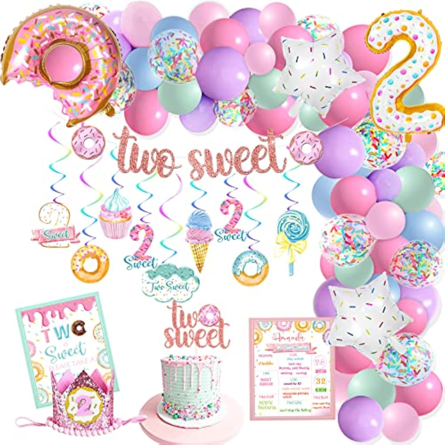 Two Sweet Birthday Party Decorations Donut Theme 2nd Birthday Girl Banner Cake Topper