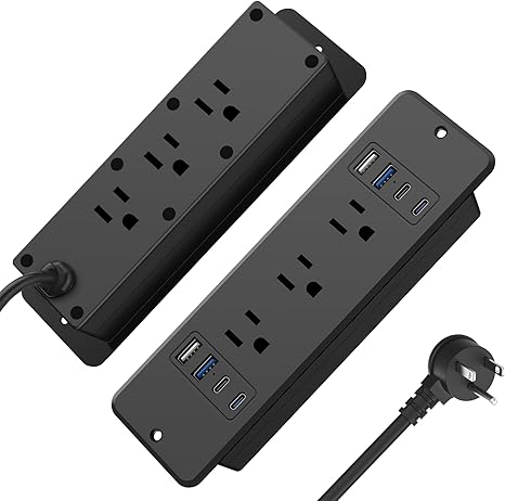 Recessed Power Strip 6 Outlets 20W USB C 6FT Flat Plug Extension Cord Flush Mount Black