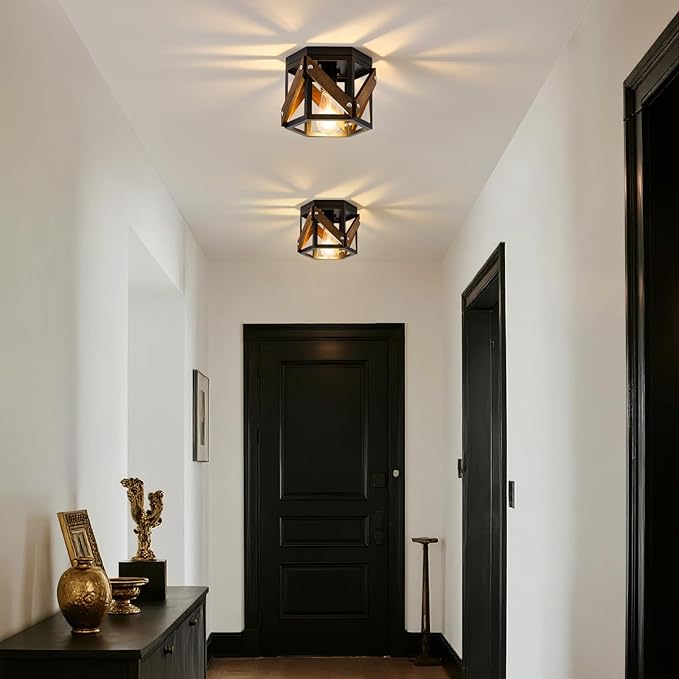 2 Pack Farmhouse Flush Mount Ceiling Lights Rustic Wood and Black Metal Cage Fixtures