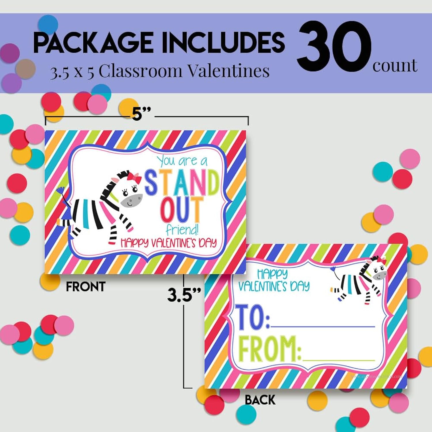 Valentine Zebra Themed Valentine'S Day Exchange Cards For Kids To Give To Friends & Classmates, Thirty (30) 3.5" X 5" Fill-In Cards (Without Envelopes)