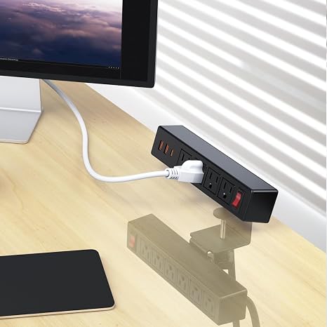 Dual Layer Desk Clamp Power Strip 10 Outlets 20W USB C 6FT Cord 700J Surge Black