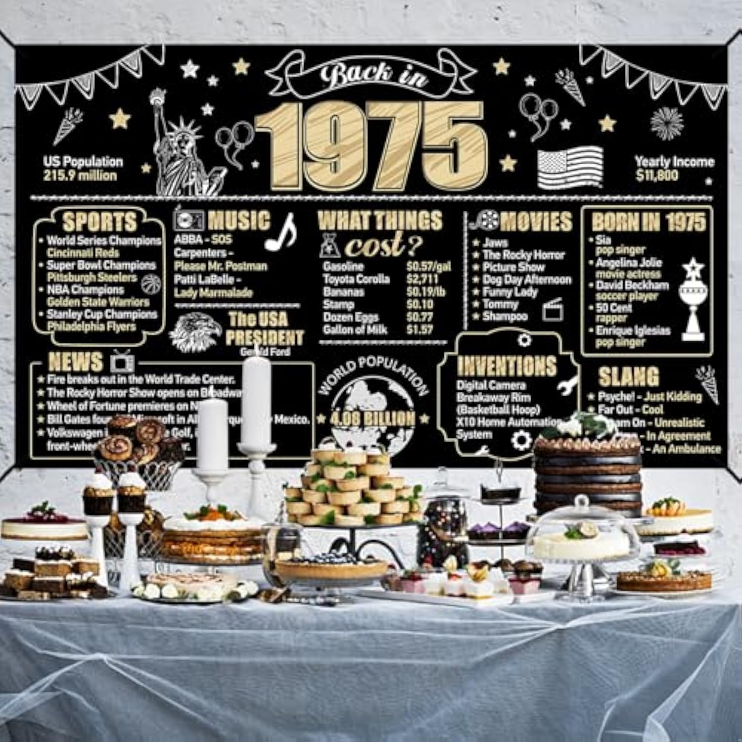 50th Birthday Backdrop: Black & Gold 1975 Party Banner