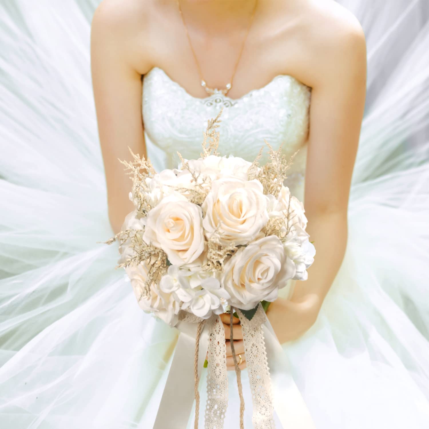 Artificial Plant, 1 Champagne White Rose Bridal Bouquet, 8.6 X 10.2 X 8.6 Inches, Wedding Bouquets For Bride, Bridesmaid Bouquets With Silk Ribbon, Decoration
