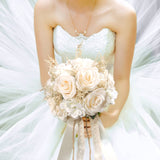 Artificial Plant, 1 Champagne White Rose Bridal Bouquet, 8.6 X 10.2 X 8.6 Inches, Wedding Bouquets For Bride, Bridesmaid Bouquets With Silk Ribbon, Decoration