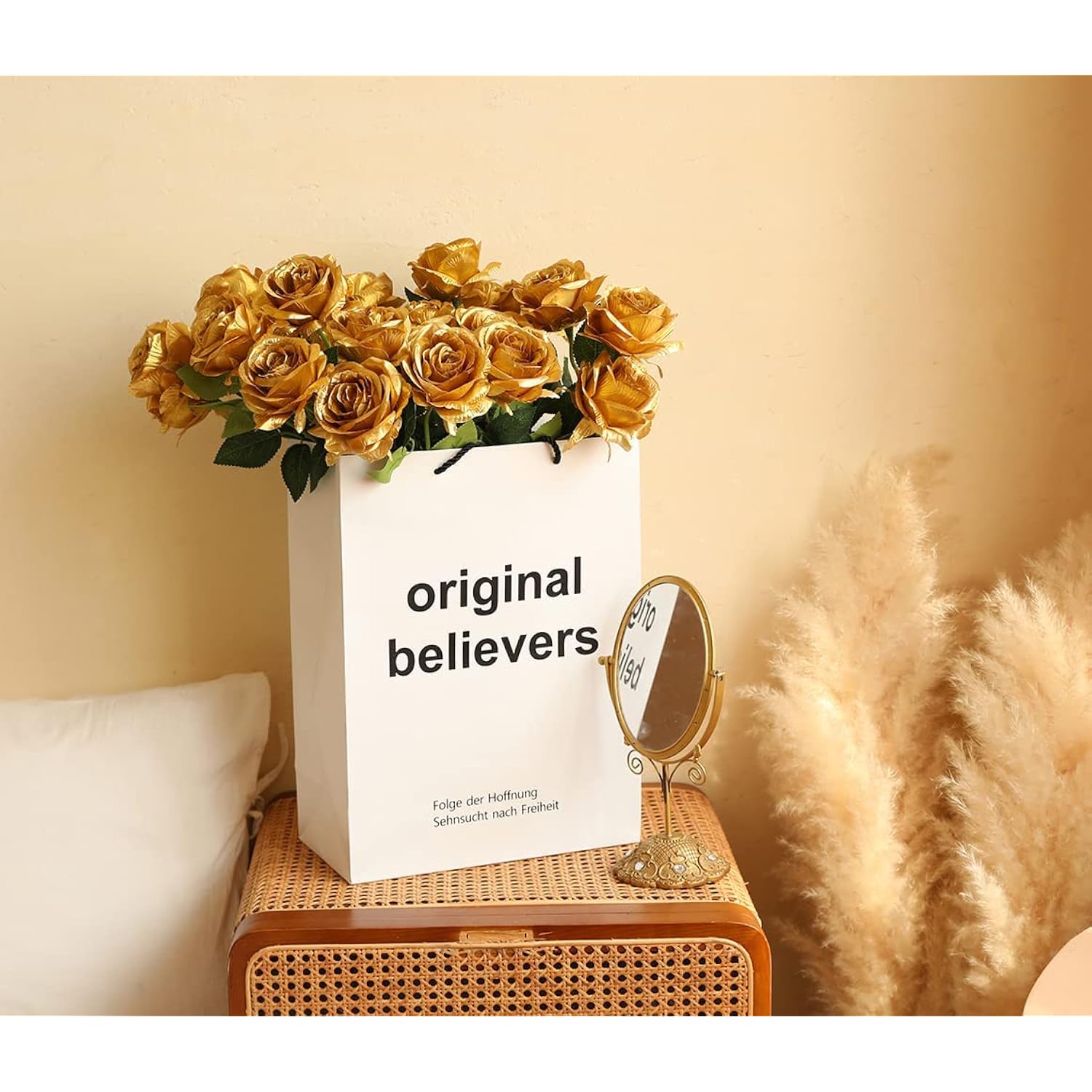 12 Pcs Artificial Flowers Gold Roses Fake Silk Flower Long Stem Artificial Roses For Home Wendding Bathroom Party Decorations (Gold)