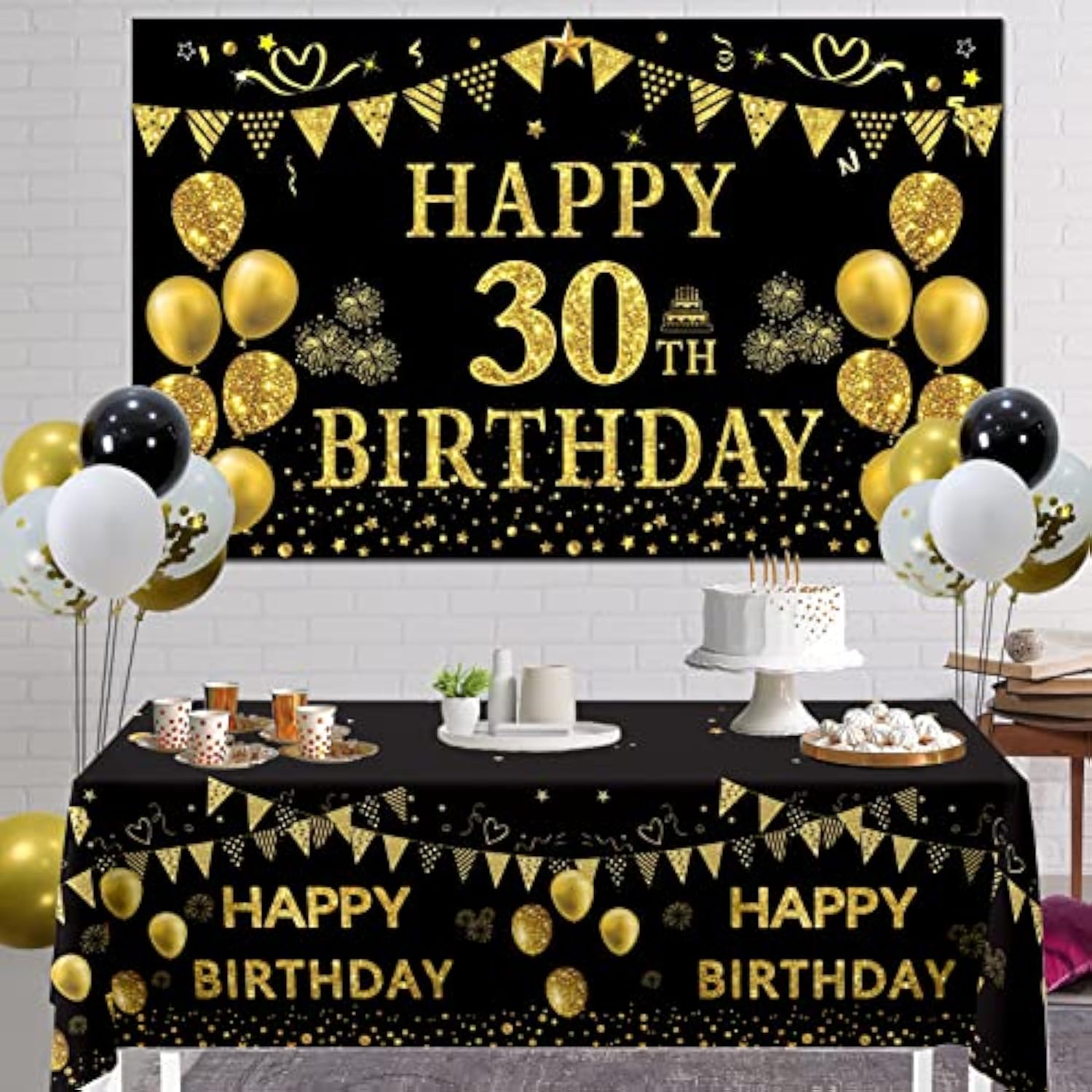 30Th Birthday Decorations Women Men - Black Gold Happy 30Th Birthday Banner, 2 Pcs Birthday Tablecloth, 60 Pcs Latex Confetti Balloons, 30 Years Old Bday Party Supplies Gifts Ideas Him Her