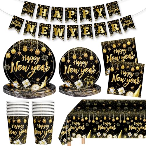 82 Pcs New Years Eve Party Supplies 2026 Set - Black Gold Happy New Year Decorations Kit, Including New Year Plates Napkins Cups Tablecloth and Banner for 2026 Happy New Years Party Decor Supply Favor