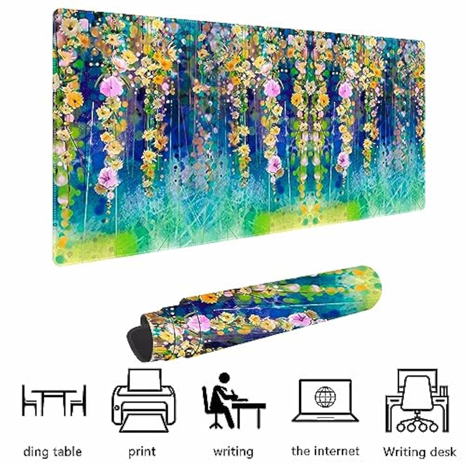 Abstract Watercolor Flowers Non-Slip Rubber Large Mouse Pad For Desk,Large Gaming Mouse Pad Xxl Extended Mouse Pad With Stitched Edges Non-Slip Base Water Resist Pad Desk Mat 35.4X15.7Inch