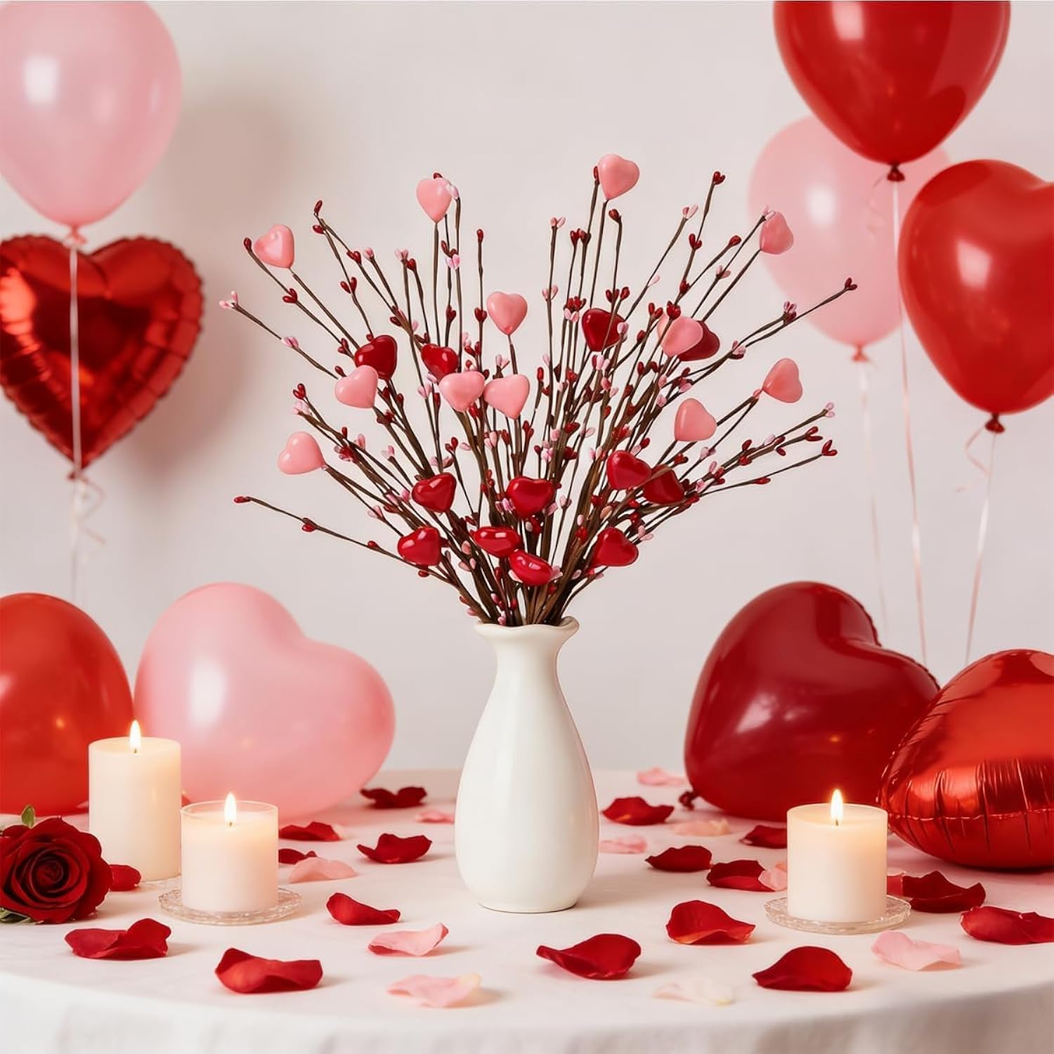 Valentine Picks, 4Pcs Heart Shaped Artificial Red Berry Twig Stem Branches With Red Pink Heart, Valentine’S Day Gifts For Anniversary Flower Bouquets Wedding Party Home Decor
