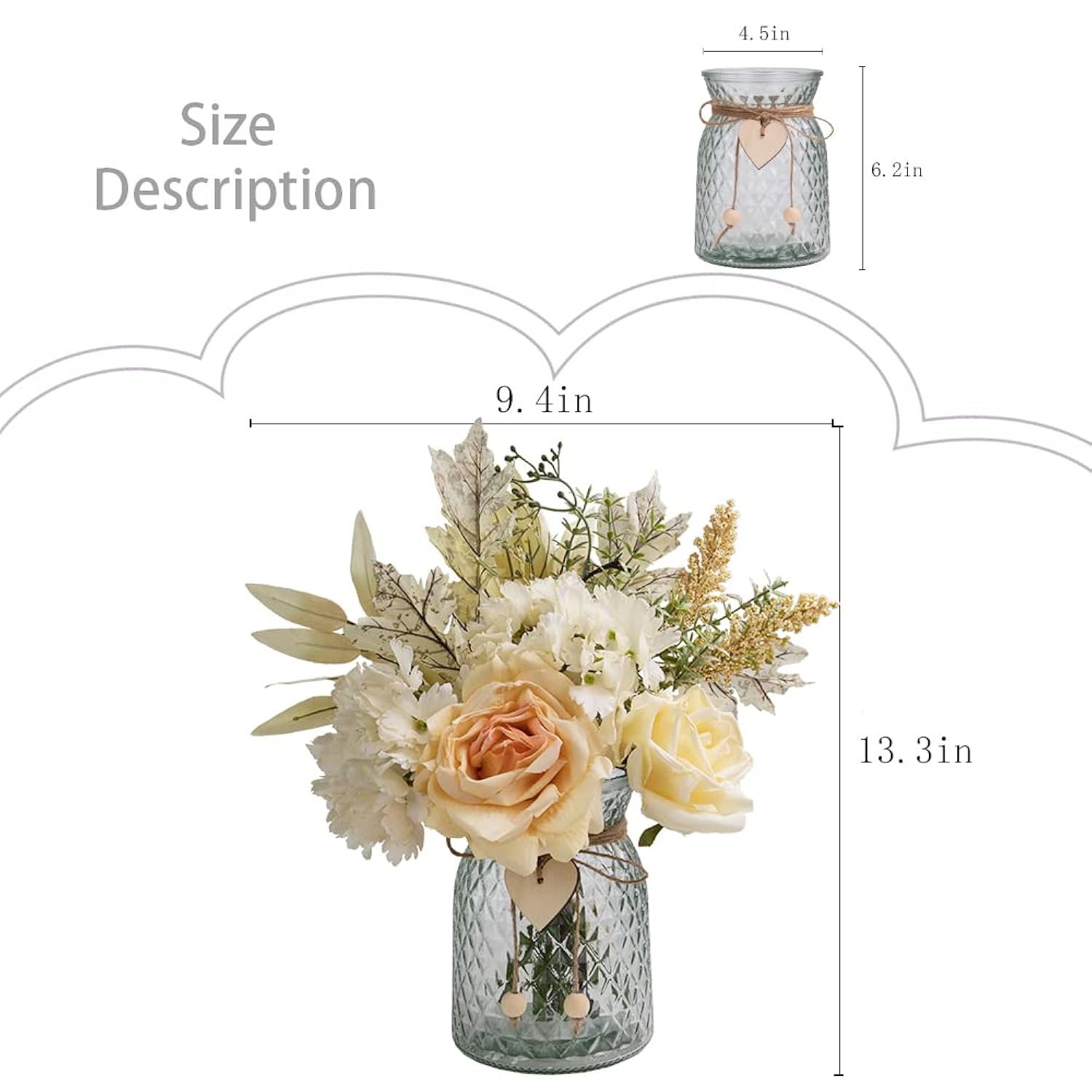 Silk Rose Flowers In Vase, Artificial Flowers Arrangement With Glass Vase Faux Hydrangea Rose For Decoration Table Centerpiece (Hydrangea Rose)