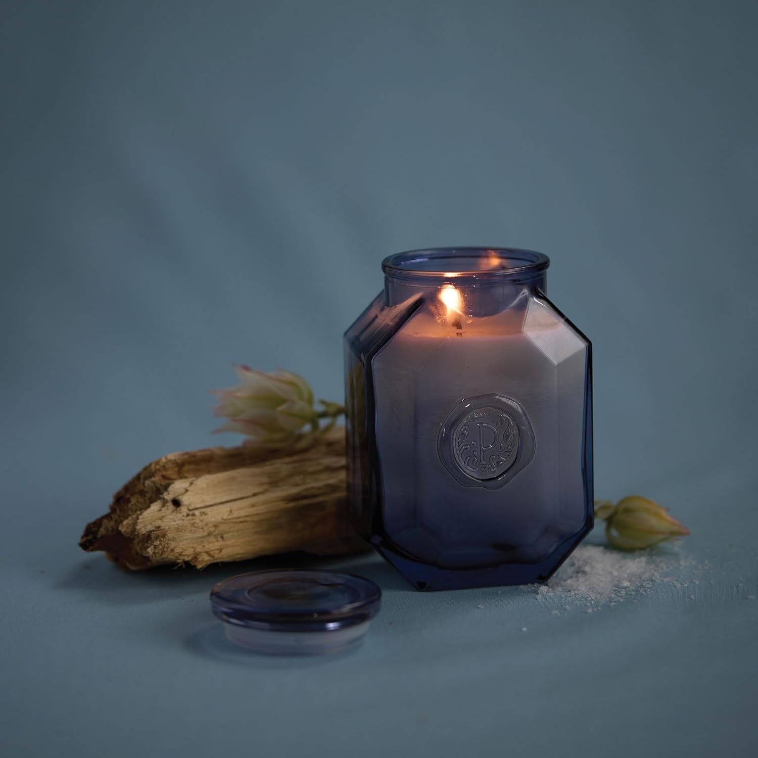 Paddywax Botanica Scented Candle with Lid in Reusable Embossed Glass Jar, Clean-Burn Soy Candle with Approx. 56 Hour Burn Time, Sea Salt & Amber, 8 oz