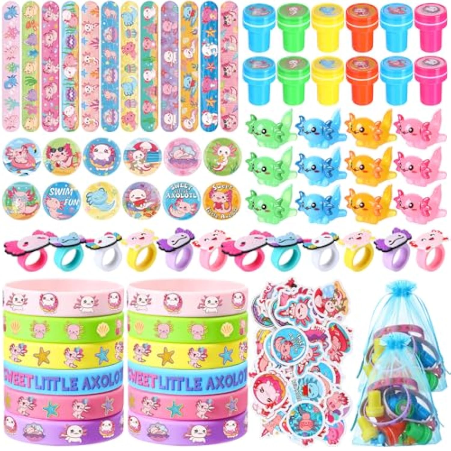 134 Pcs Axolotles Party Favors Bulk For Kids With Silicone Slap Bracelets Stickers Stampers Rings Badges Miniature Figures For Axolotl Themed Birthday Party Decorations Goodies Bags Stuffers