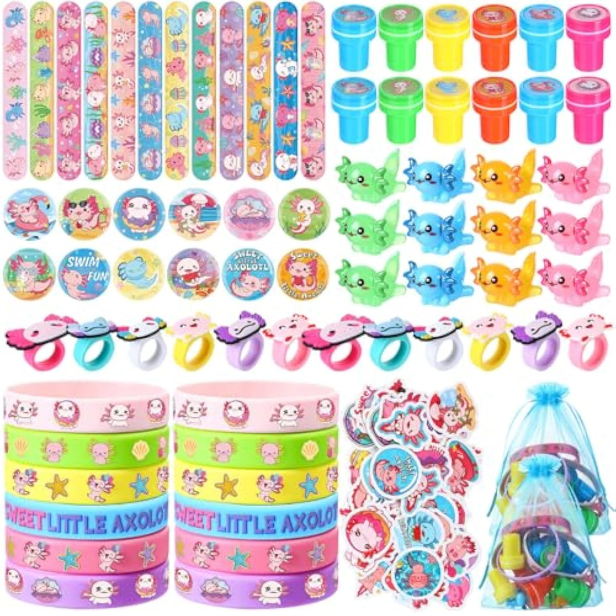 134 Pcs Axolotles Party Favors Bulk For Kids With Silicone Slap Bracelets Stickers Stampers Rings Badges Miniature Figures For Axolotl Themed Birthday Party Decorations Goodies Bags Stuffers