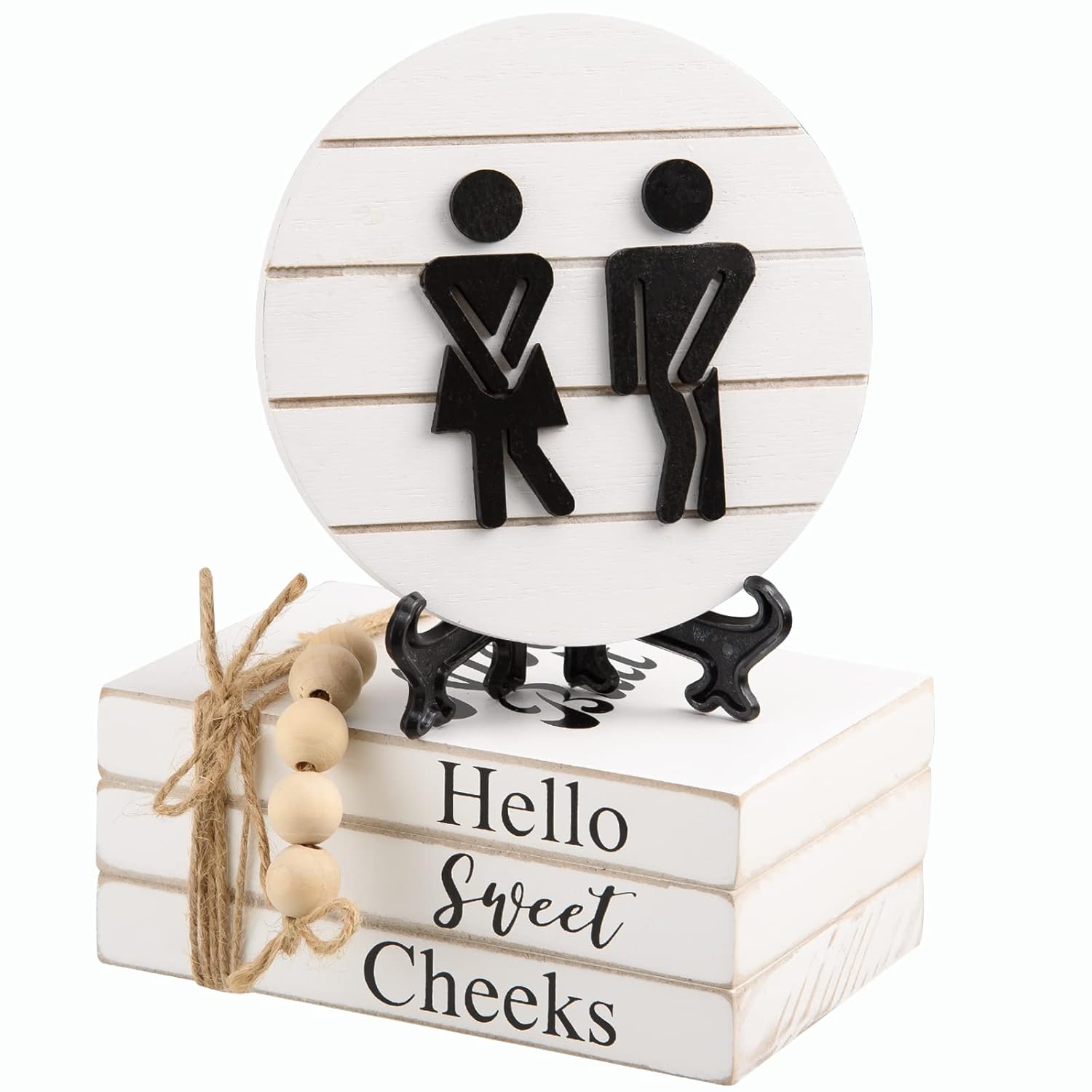 Farmhouse Funny Bathroom Signs - 3D Round Shiplap Signs And Book Stack - Hello Sweet Cheeks - Rustic Decor For Restroom Shelf