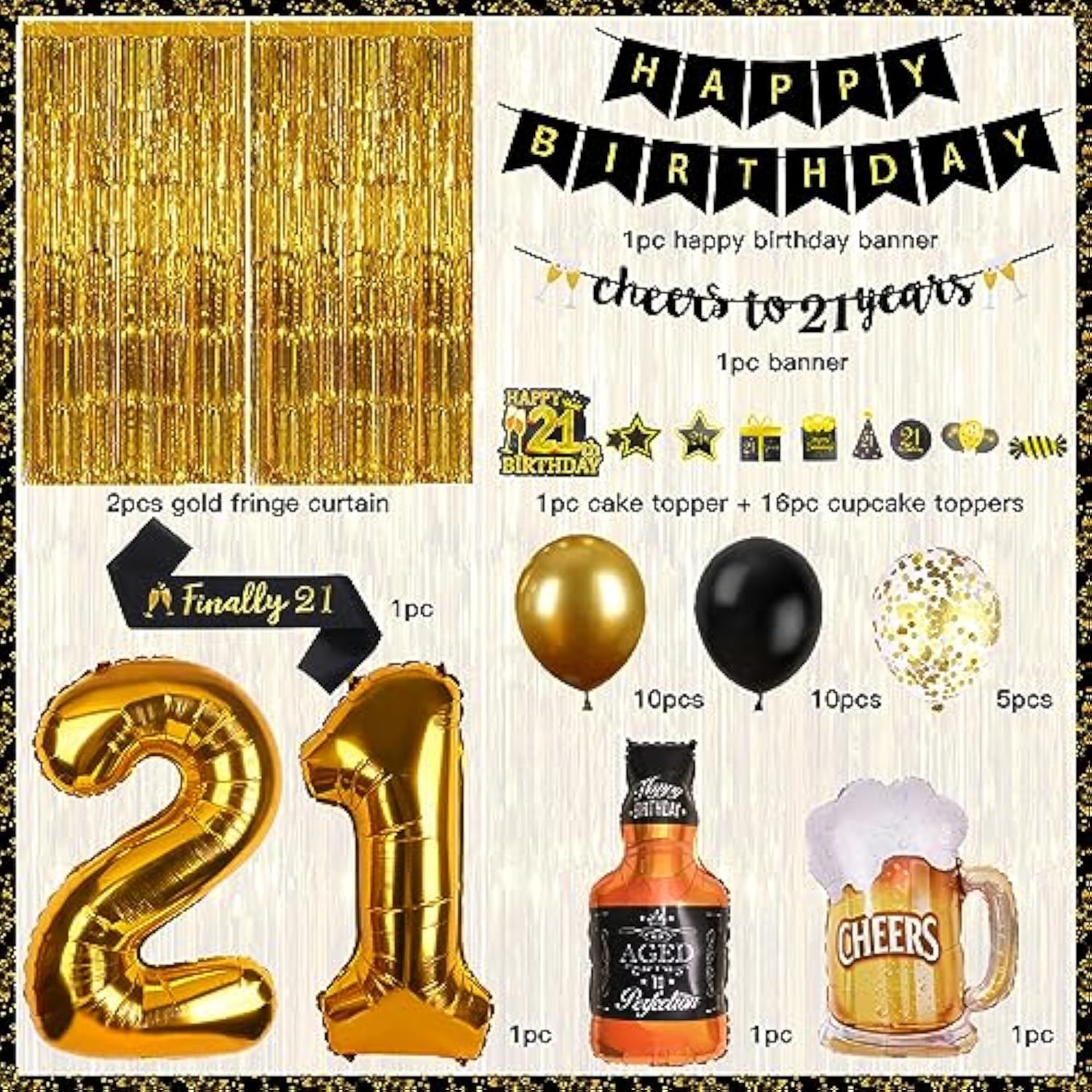 21St Birthday Decorations For Him, Happy Birthday Decorations Black And Gold 21 Birthday Decor With Happy Birthday Banner, Fringe Curtain, Confetti And Latex Balloons