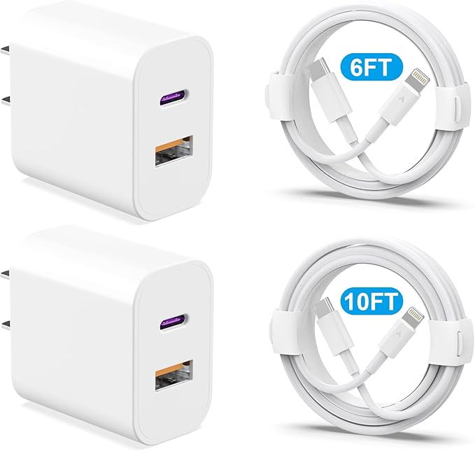 2 Pack 20W Dual Port Fast Charger with 6FT and 10FT Lightning Cables for iPhone iPad