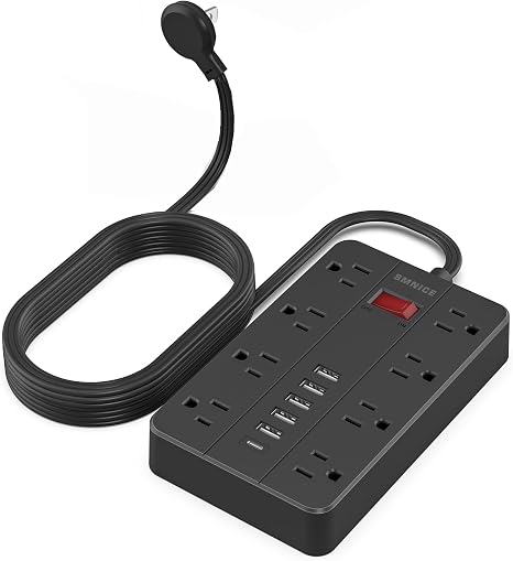 10 Ft Extension Cord Power Strip 8 Outlets 6 USB C Flat Plug Black