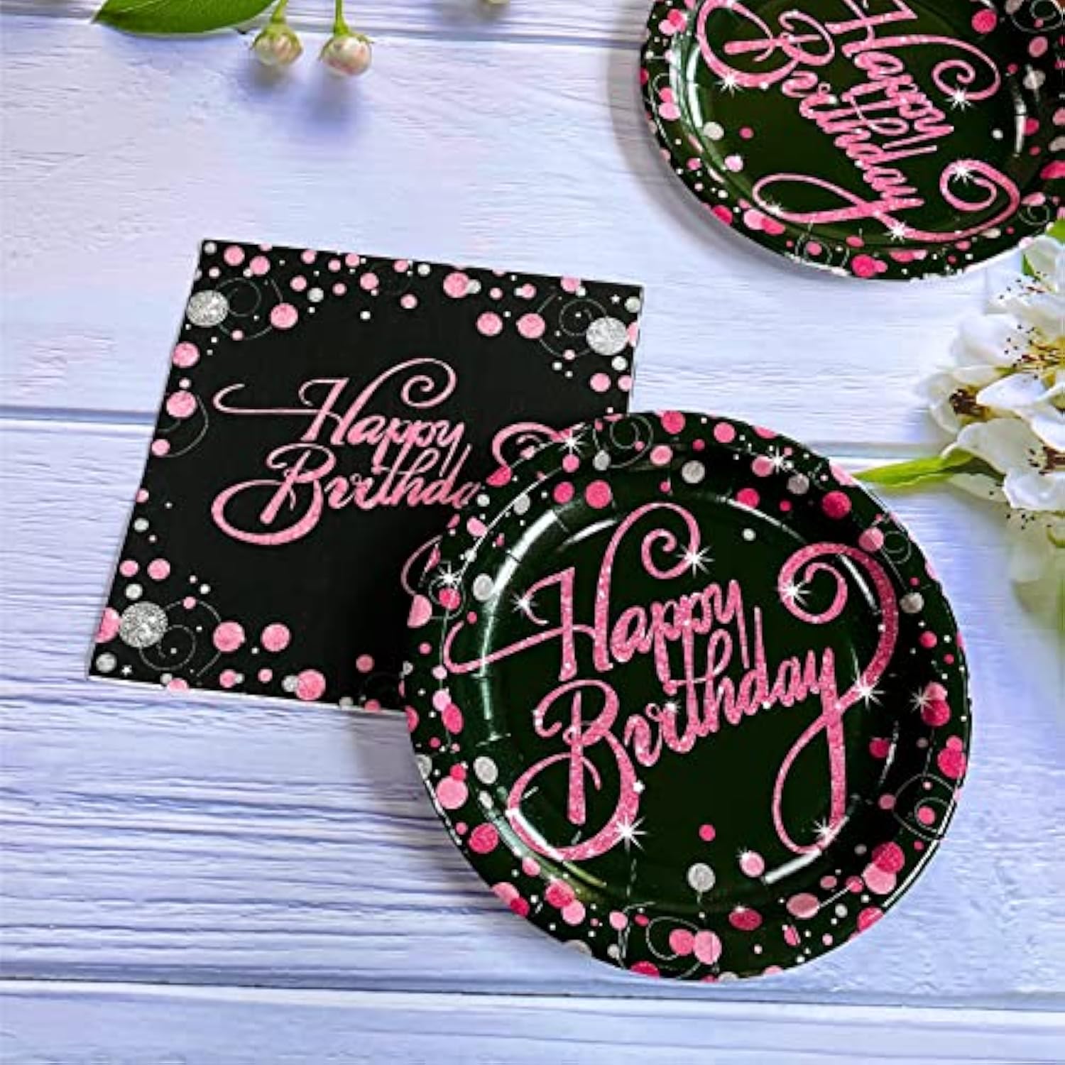 24pcs Pink & Black Birthday Plates – 7" Disposable Party Tableware for All Ages