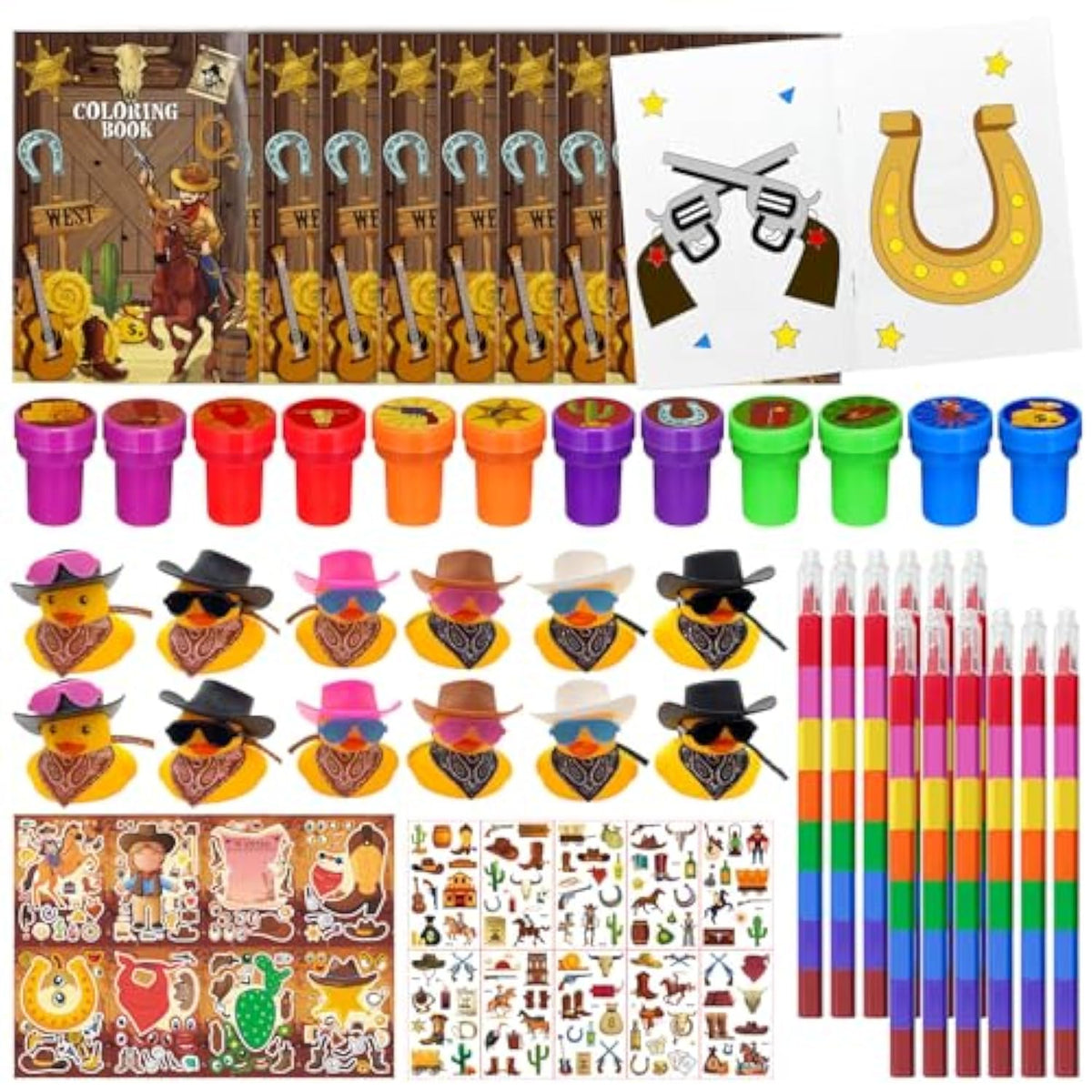 72 Pcs Western Cowboy Party Favors, Wild West Coloring Books, Stickers, Tattoos, Stampers, Rubber Ducks, Rainbow Pencils, Barn Party Supplies, Birthday Goodie Bag Fillers, Prize Bulk Set