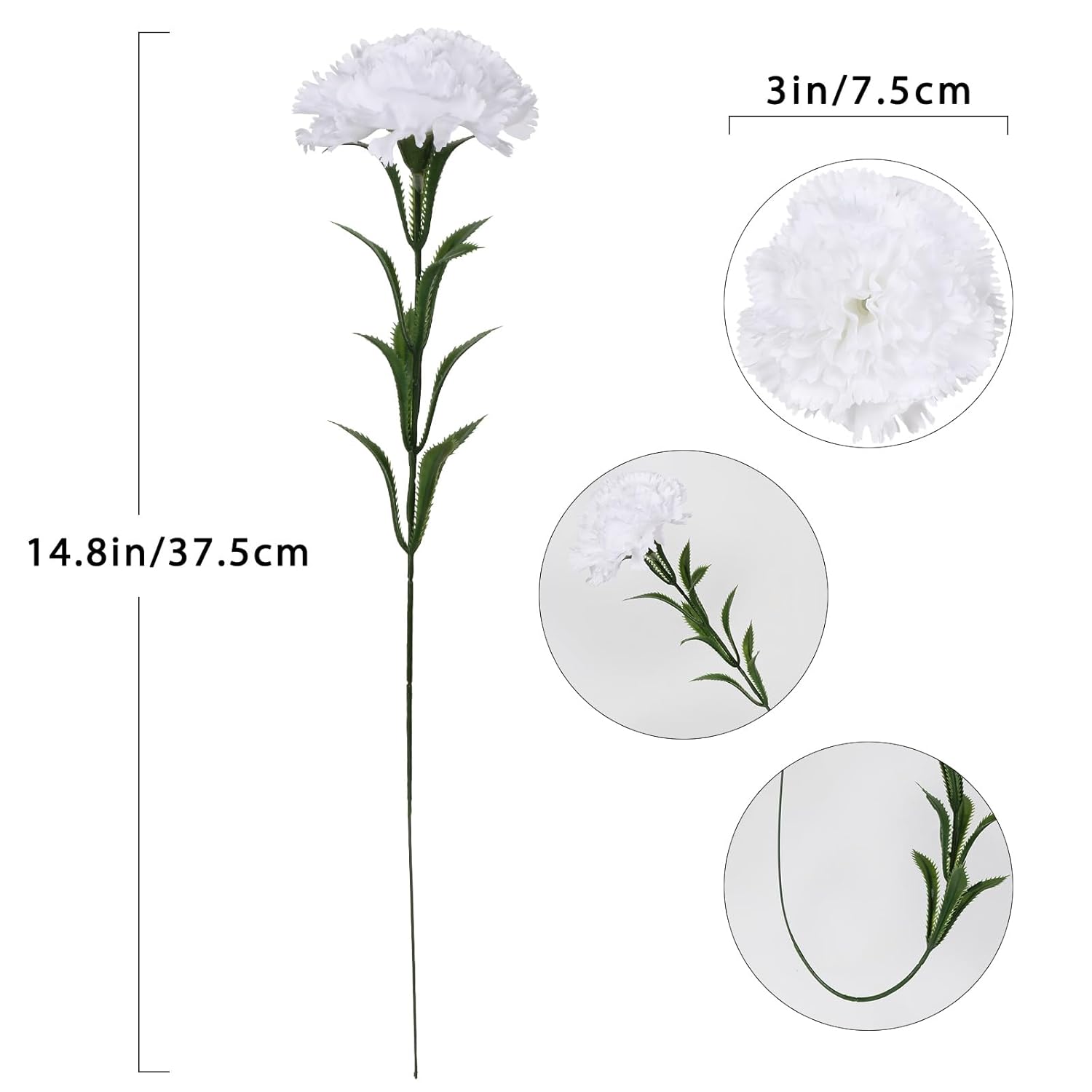 16Pcs White Carnations Artificial Flowers 14.8'' Fake Carnation Silk Flowers With Stem Faux Carnations Flowers For Home Table Centerpiece Wedding Decorations Floral Arrangements (Pure White)