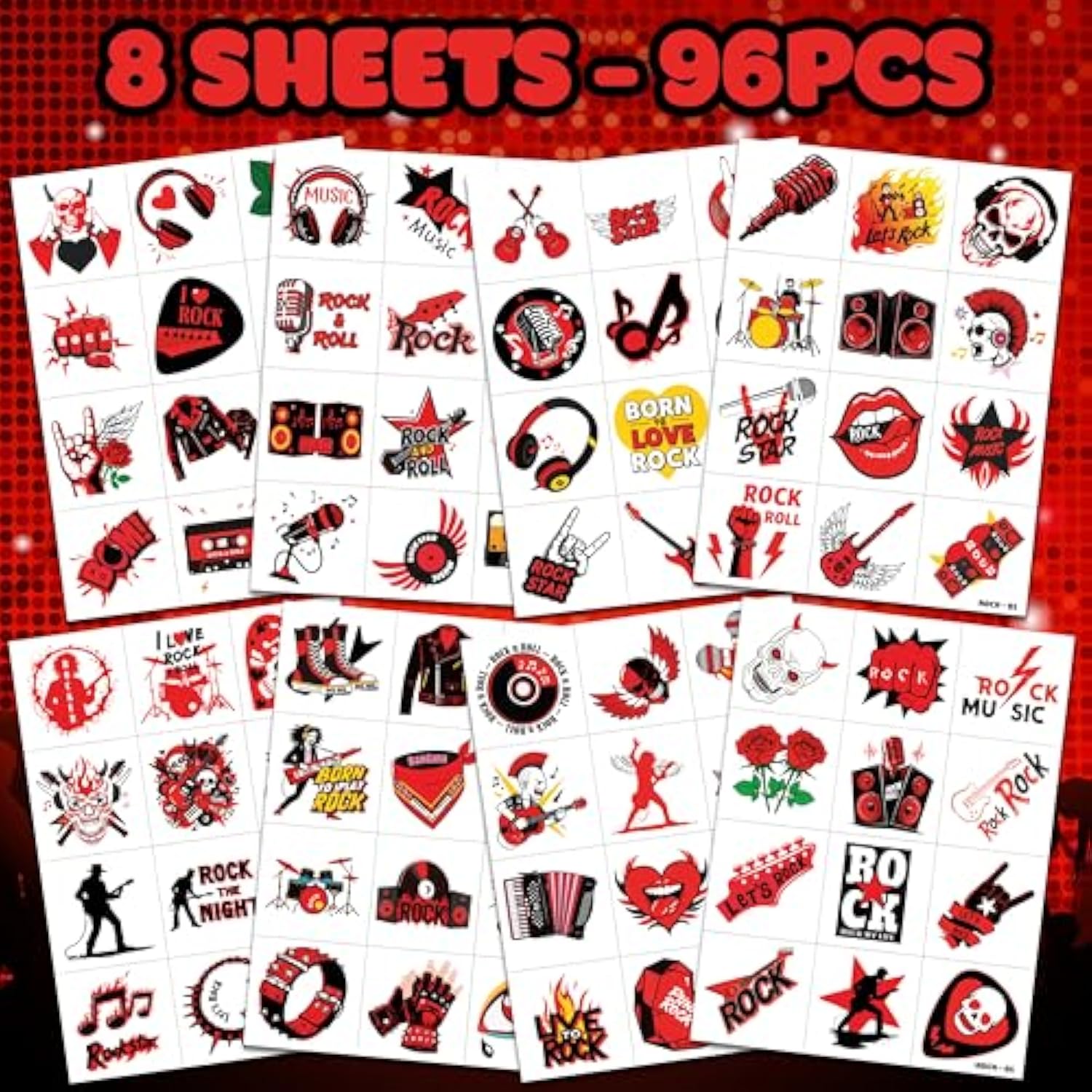 96 Pcs Born To Rock And Roll Pre-Cut Temporary Tattoos For Kids | Super Cute Themed Birthday Party Favors, Supplies, Decorations, Music Fake Tattoo Stickers (Multiple)