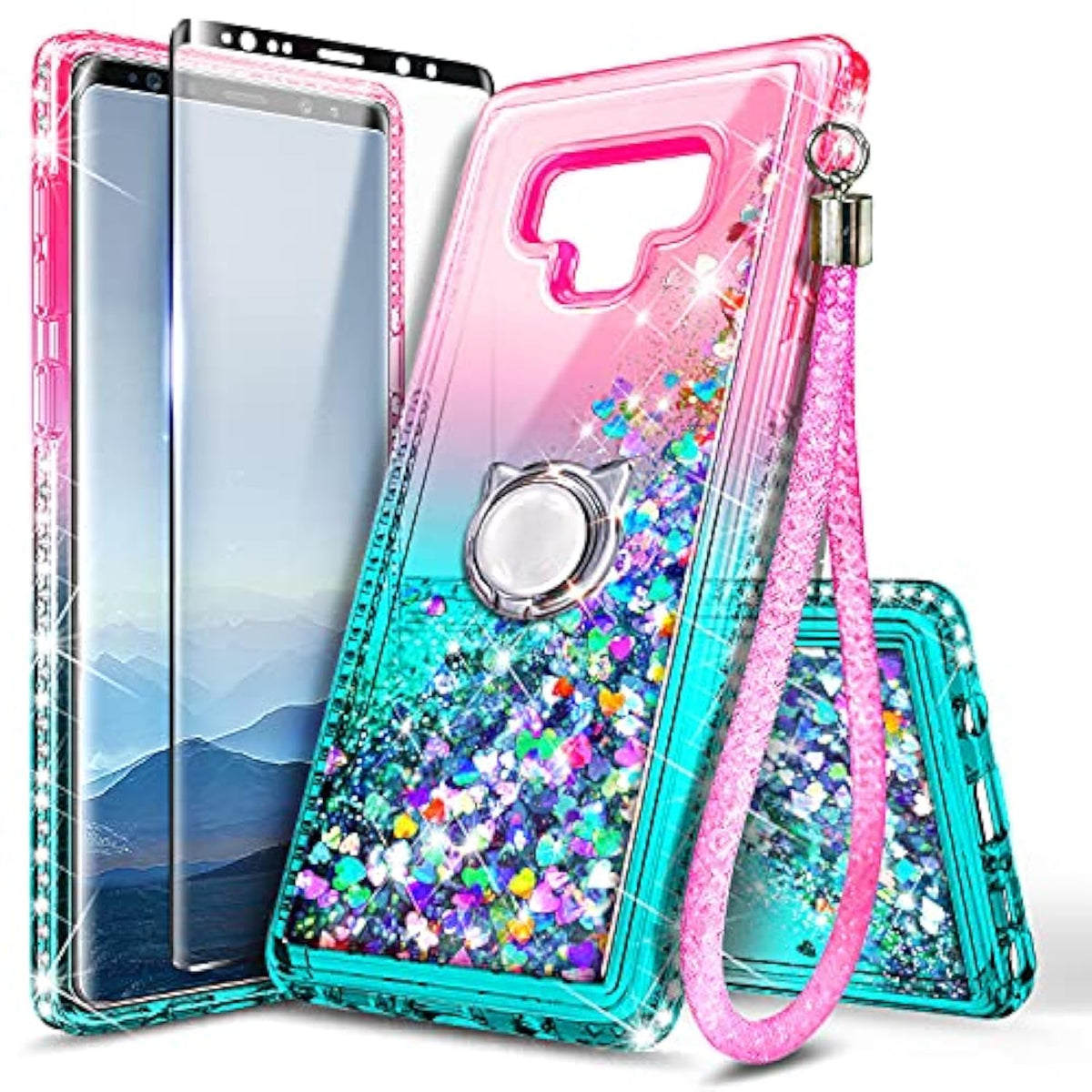 Case For Samsung Galaxy Note 9 With Screen Protector (Maximum Coverage, Flexible Tpu Film), Ring Holder/Wrist Strap, Sparkle Glitter Flowing Liquid, Women Girls Kids Cute Case -Pink/Aqua