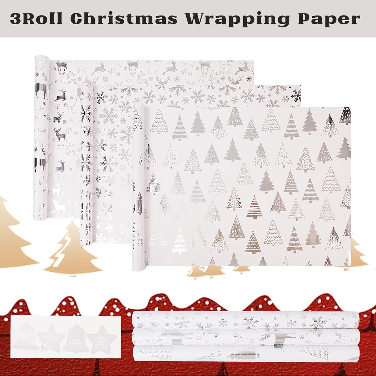 Christmas Wrapping Paper Roll,3 Rolls Silver Christmas Wrapping Paper,Silver Metallic Gift Wrap Paper,Xmas Tree Snowflake Elk Printed Assortment - Mini Roll 17 Inch X 118 Inch
