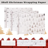 Christmas Wrapping Paper Roll,3 Rolls Silver Christmas Wrapping Paper,Silver Metallic Gift Wrap Paper,Xmas Tree Snowflake Elk Printed Assortment - Mini Roll 17 Inch X 118 Inch