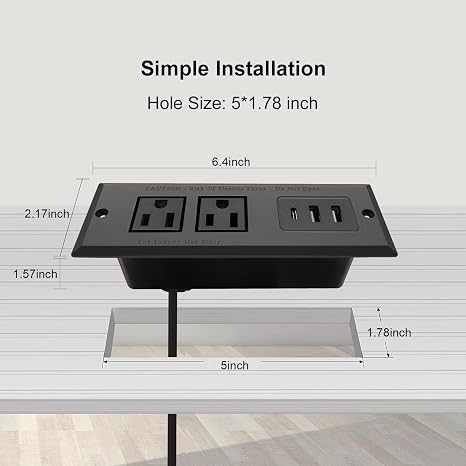 Flush Mount Power Strip USB C Charging Station Hidden Outlet Extender Black
