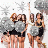 7Pcs Silver 4D Foil Disco Balloons With Star Balloons For 70S Disco, Graduation, Birthday & Bridal Shower Decorations - 22 Inch