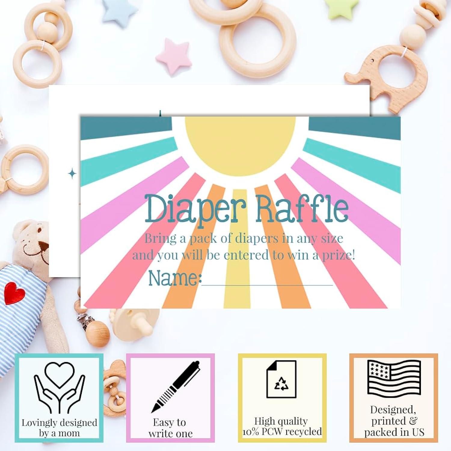 Diaper Raffle Tickets For Baby Shower – Pack Of 20 2” X 3.5” Little Ray Of Sunshine Double Sided Game Cards, Stock Up On Diapers Only Made In The Usa