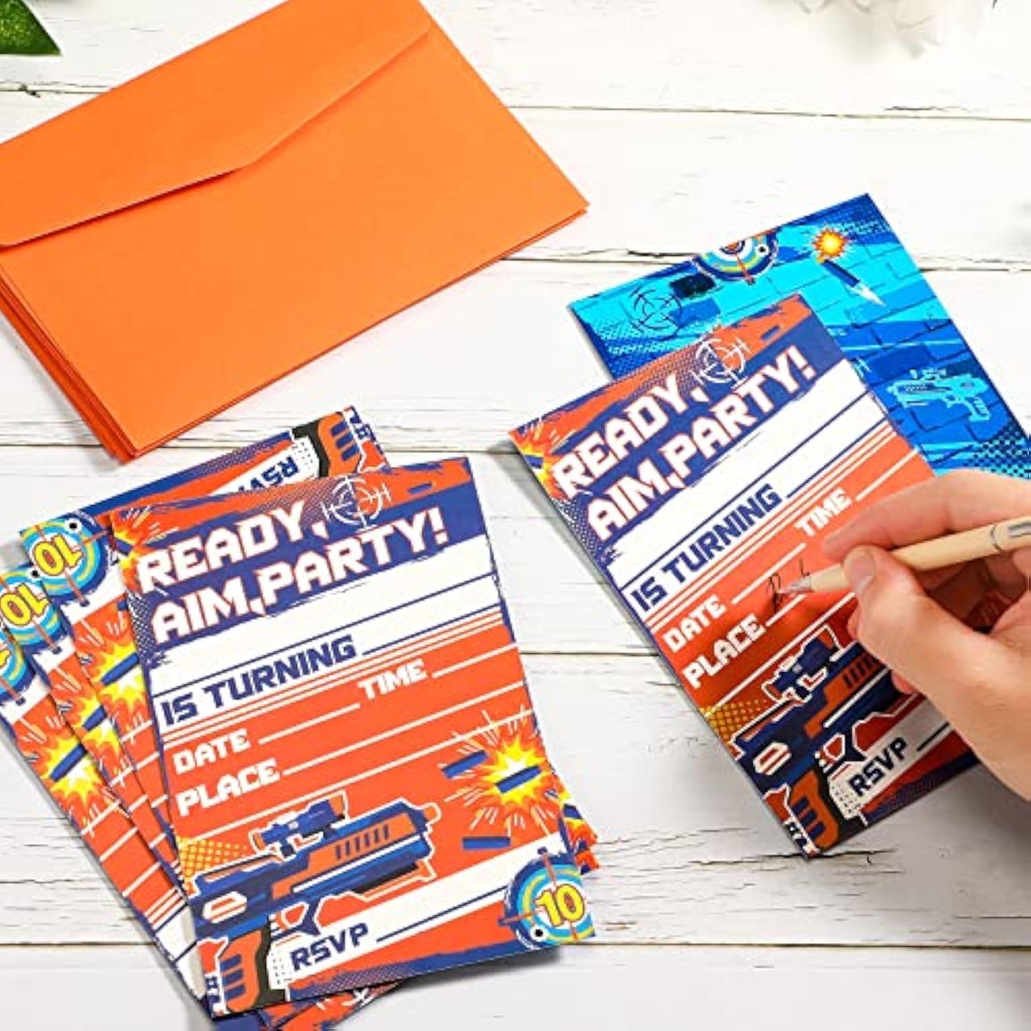 Msnor 30 Packs Dart War Invitations Birthday Party Supplies Blaster Nerf Gun Battle Theme Party Invitations With 30 Orange Envelopes For Boy Kids Dart War Nerf Party Decorations Supplies Favor