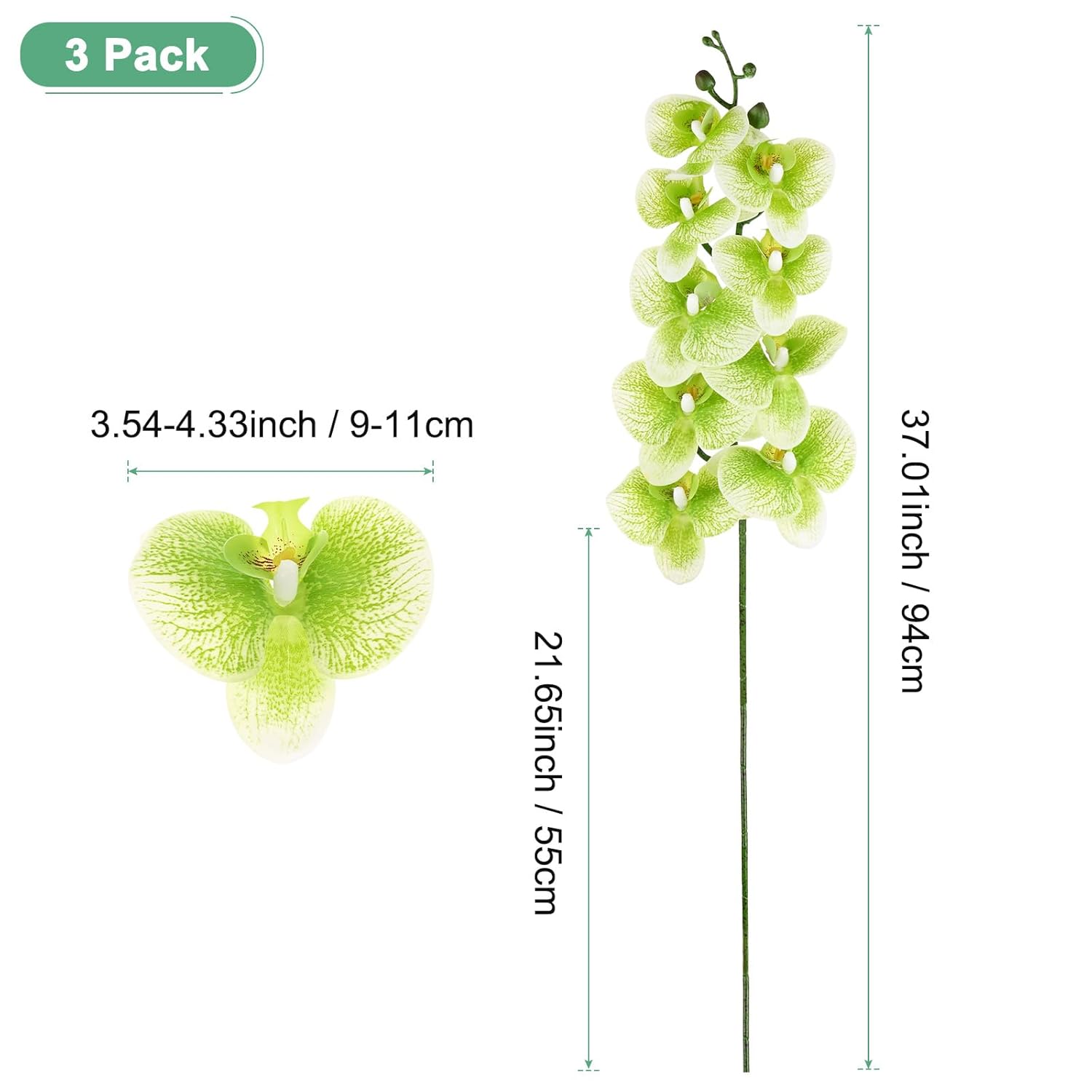 3-Pack Artificial Orchid Flowers 9 Large Petals 37 Inch Faux Phalaenopsis Silk Bouquets Real Touch Dark Green Fake Orchids For Home/Wedding/Christmas/Party/Garden Office