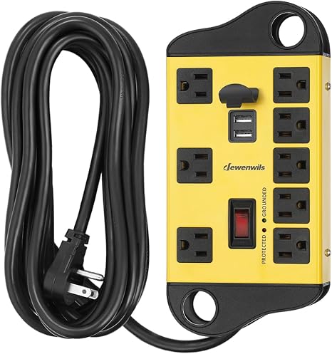 8 Outlet Metal Surge Protector Power Strip 2 USB Ports 15FT Flat Plug Cord Wall Mount