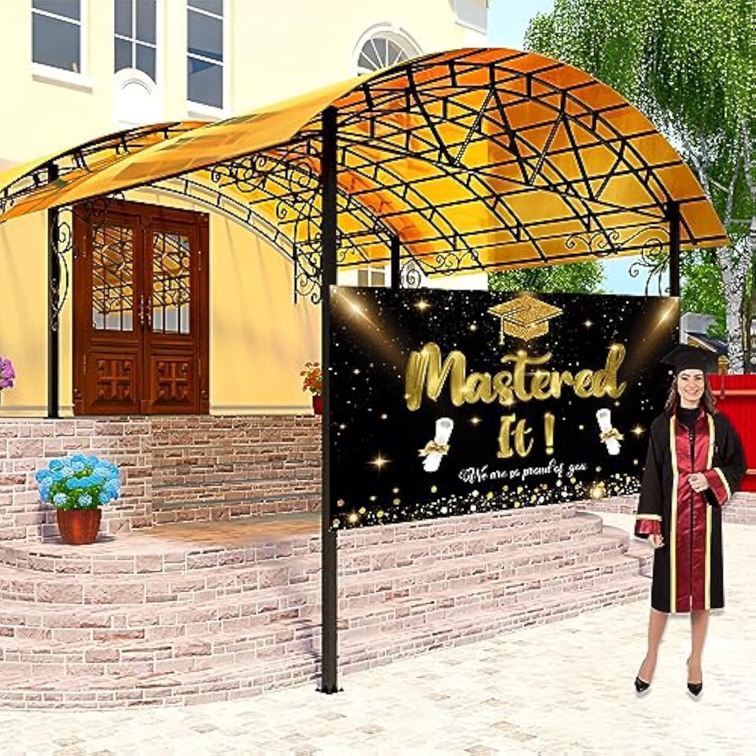 Mastered It Backdrop Banner, Masters Graduation Decorations, Masters Degree Graduation Banner, Grad Party Decorations 2025 Indoor Outdoor?Black And Gold?
