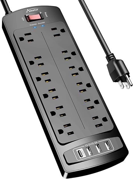 Surge Protector Power Strip with 12 Outlets 4 USB Ports 2700J 6FT Extension Cord Black