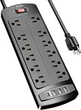 Surge Protector Power Strip with 12 Outlets 4 USB Ports 2700J 6FT Extension Cord Black