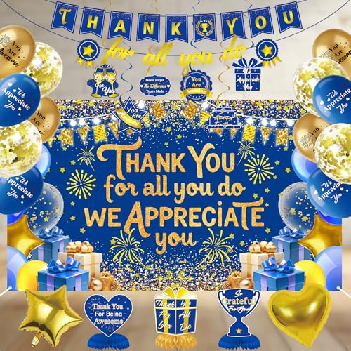 We Appreciate You Decorations Blue Gold Thank You for All You Do Backdrop