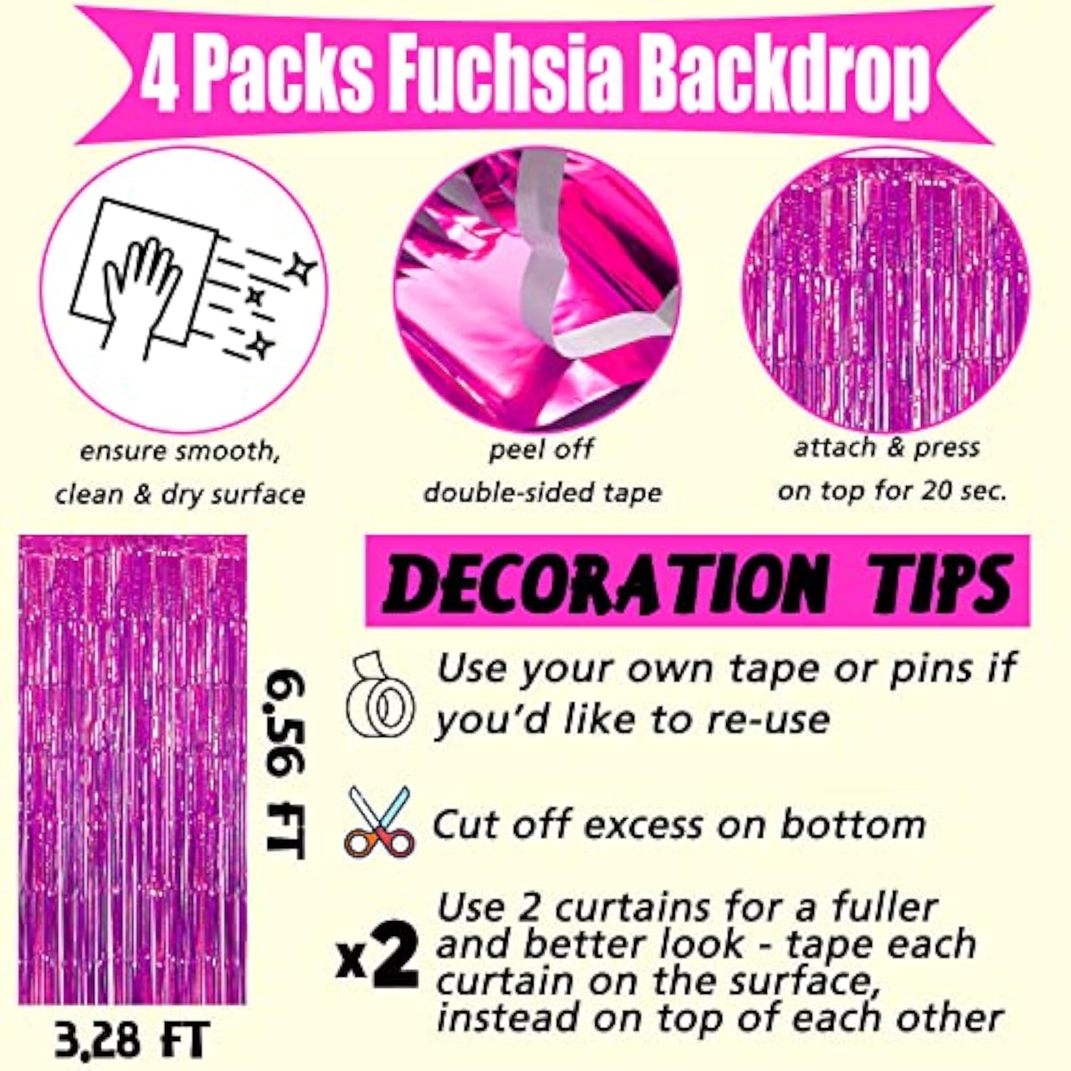 4 Pack Fuchsia Fringe Curtain Backdrop, 3.2Ft X 6.6Ft Metallic Tinsel Foil Fringe Streamers Curtains Background For Photo Booth Birthday Wedding Baby Shower Party Thanksgiving Christmas Decorations