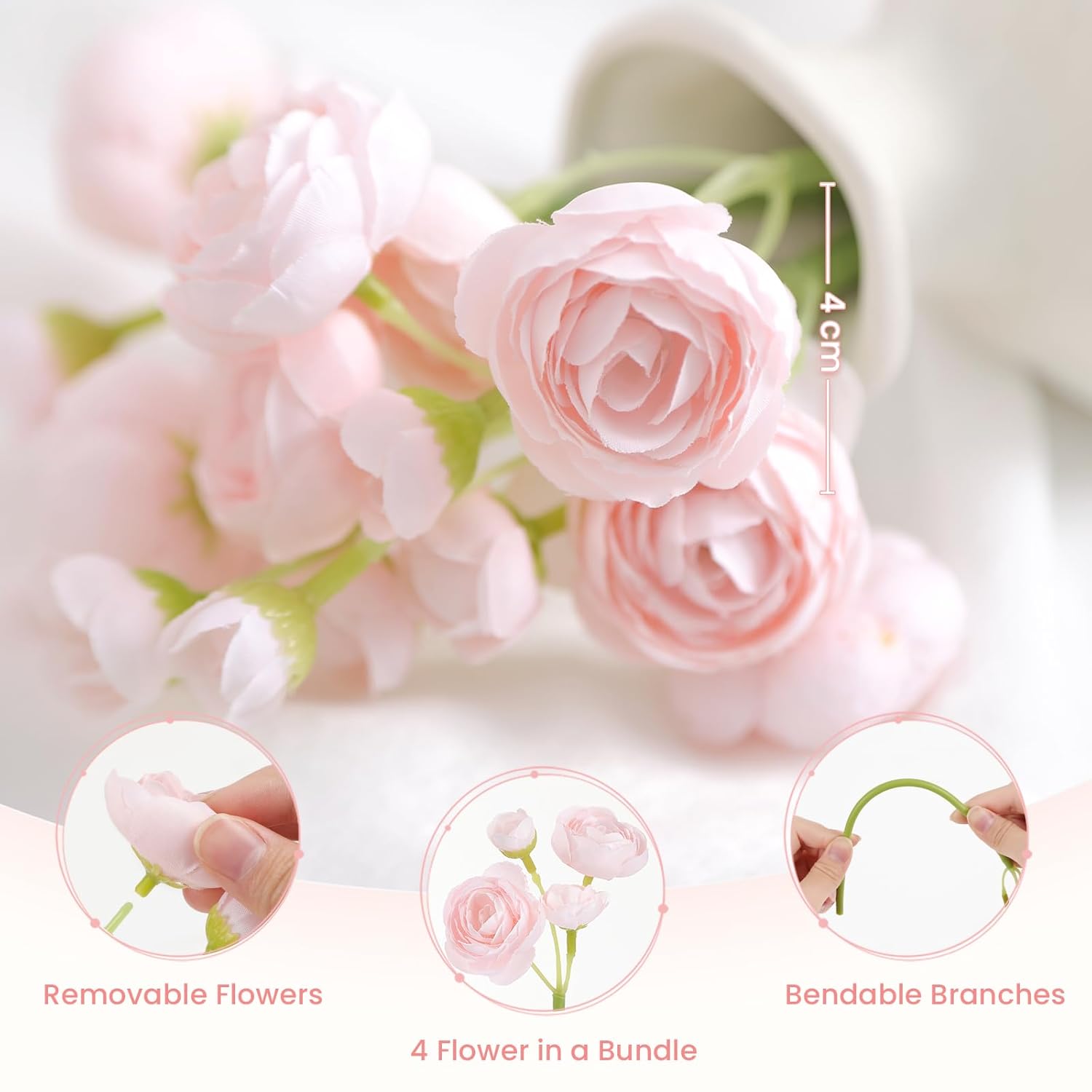 30Pcs Ranunculus Artificial Flowers Faux Silk Mini Ranunculus, Artificial Flowers Indoor For Diy Bouquets, Bulk Fake Wedding Filler Flowers For Bride Shower Decorations, Shabby Blush