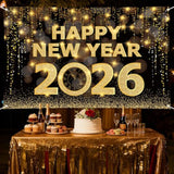 New Year 2026 Banner Backdrop Gold & Black Party Decoration