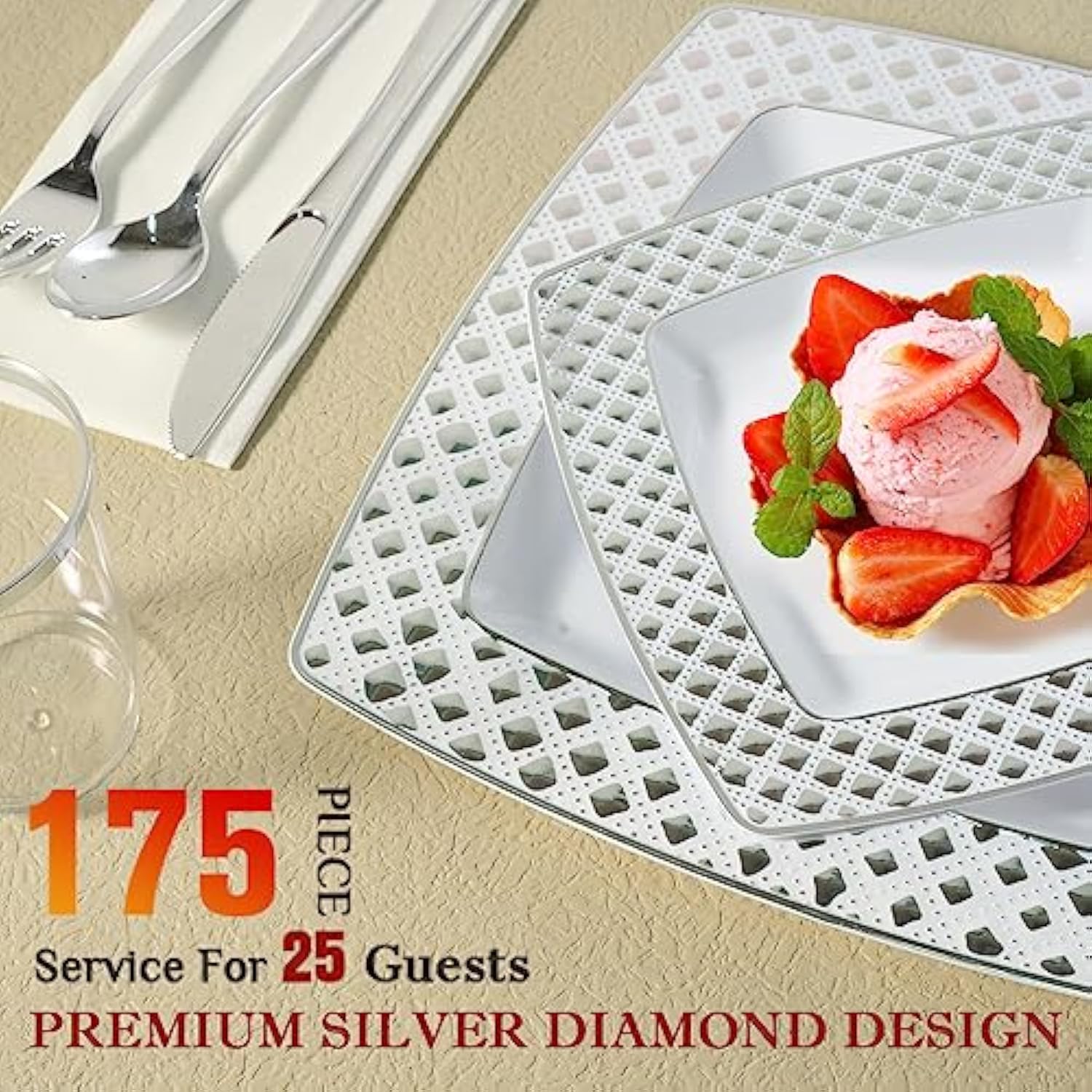 175PCS Silver Square Dinnerware Set – Plates, Cups, Napkins, Cutlery for 25