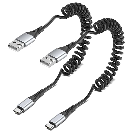 2 Pack 3FT Retractable USB A to USB C Coiled Car Charging Cable 3A for CarPlay Android Auto