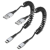 2 Pack 3FT Retractable USB A to USB C Coiled Car Charging Cable 3A for CarPlay Android Auto