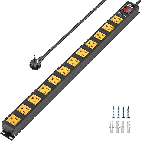 Heavy Duty 12 Outlet Metal Power Strip Surge Protector with 6FT Cord for Garage and Workshop