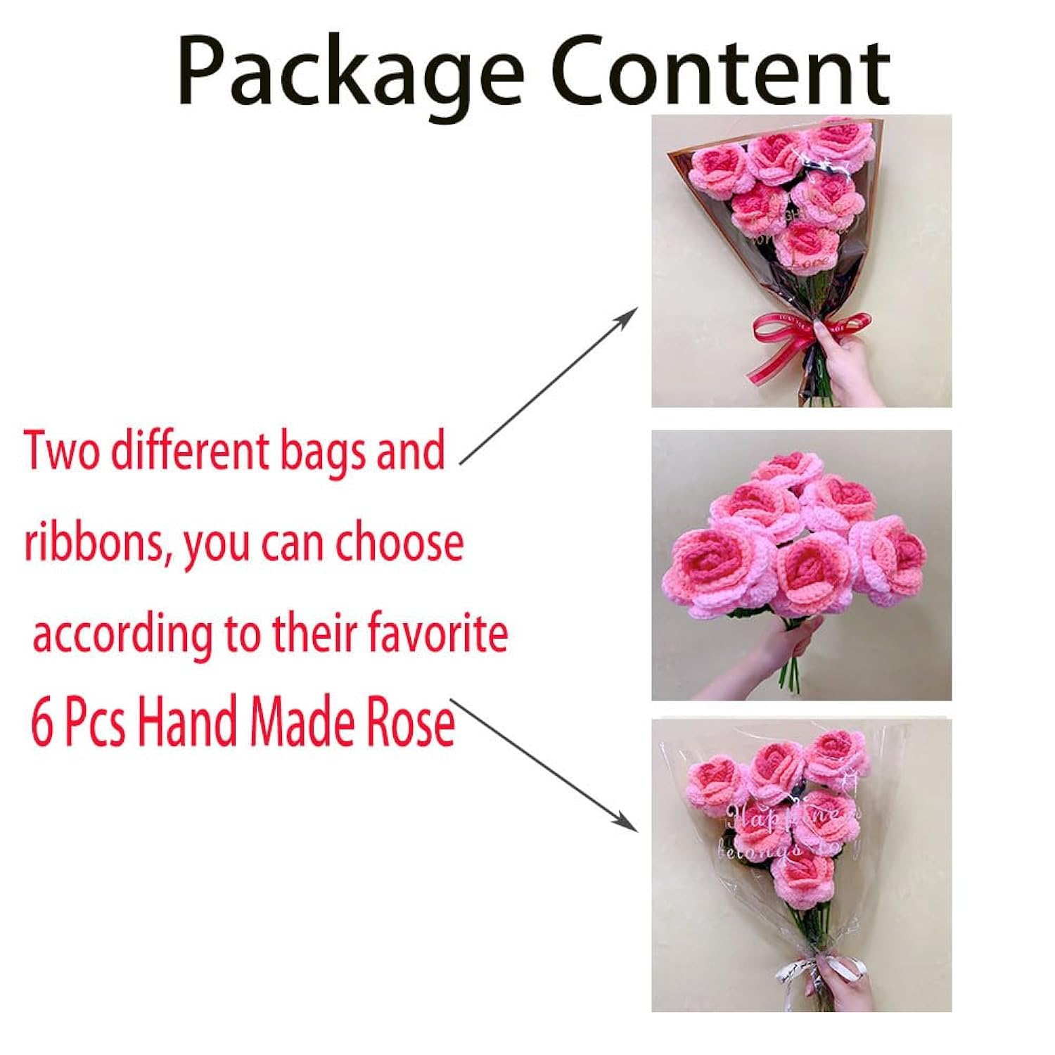 6 Pcs Hand Made Knitted Fake Rose Artificial Flowers For Decoration Crochet Flowers?Flower Bundle Fake Plants Wedding Centerpieces Decorations Mothers Day Mom Gifts For Mom (Gradient Pink)