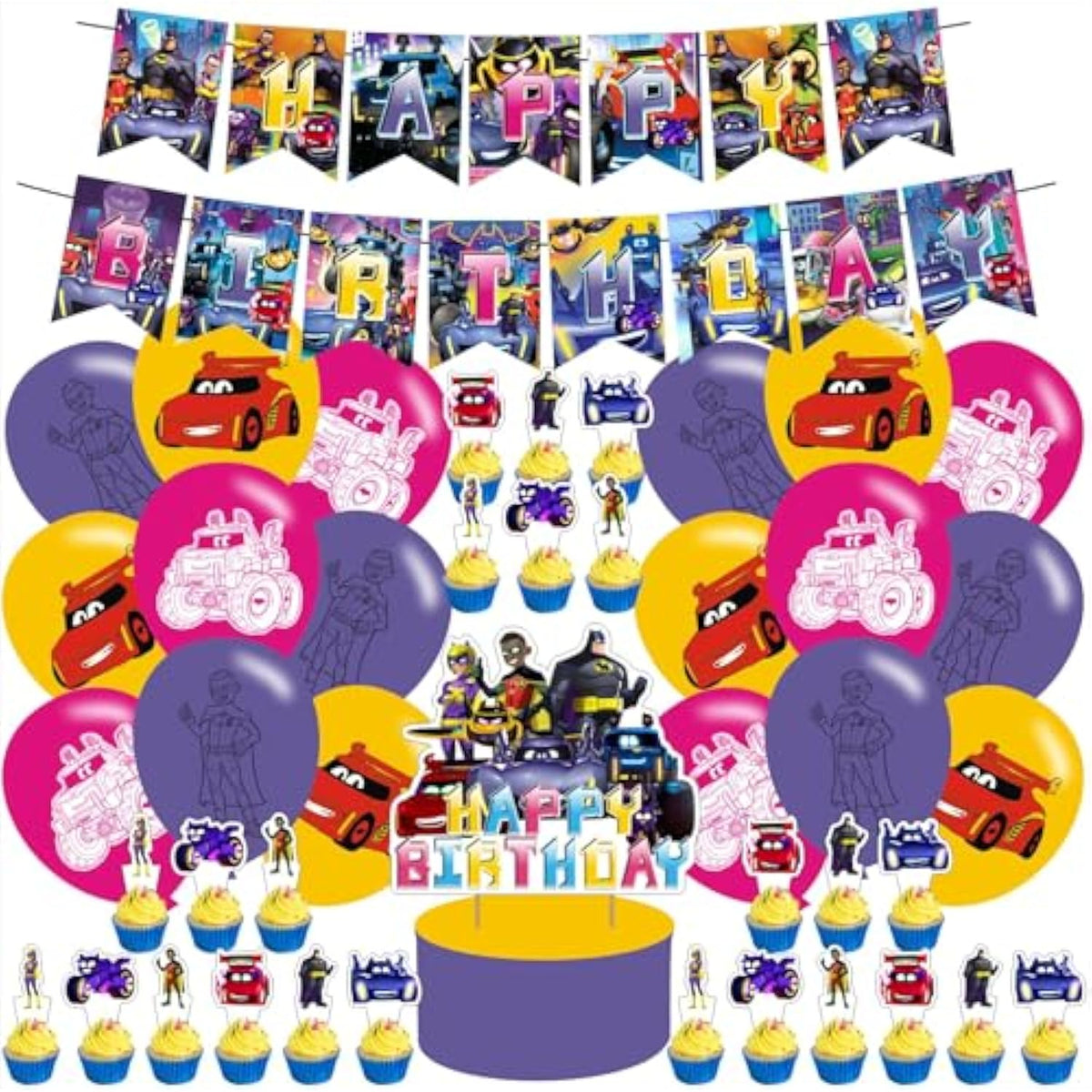 Wheels of Bat Party Decor | Kids Cartoon Bat Car Banner Cake Topper Balloons