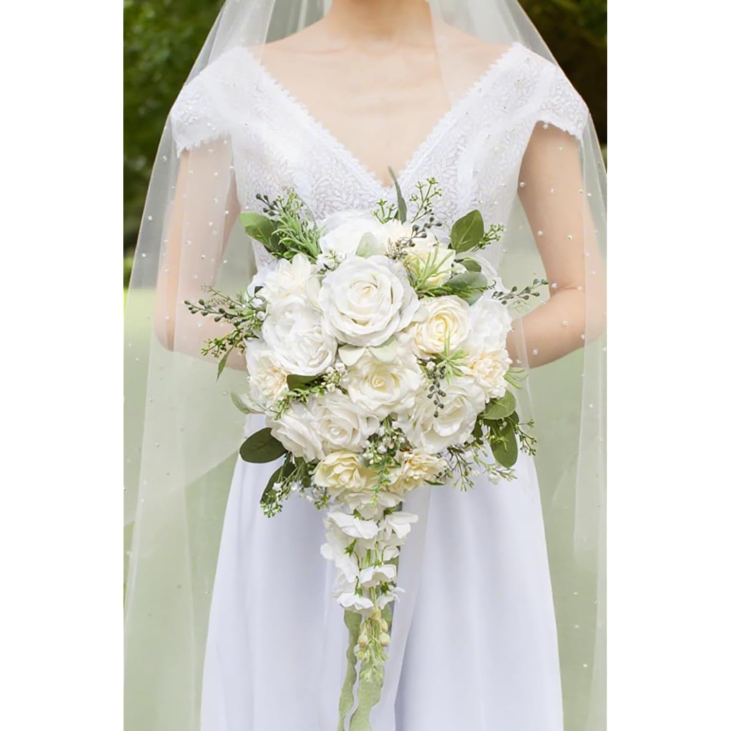 12 Inch Cascade Wedding Bouquets For Bride, Ivory & Champagne Cascading Bridal Bouquet For Wedding Silk Artificial Flowers