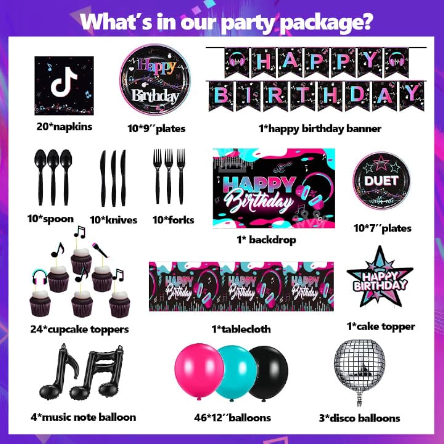 Music Party Supplies Kit – Disco Theme Decor with Balloons, Backdrop, Banners & Tableware Set