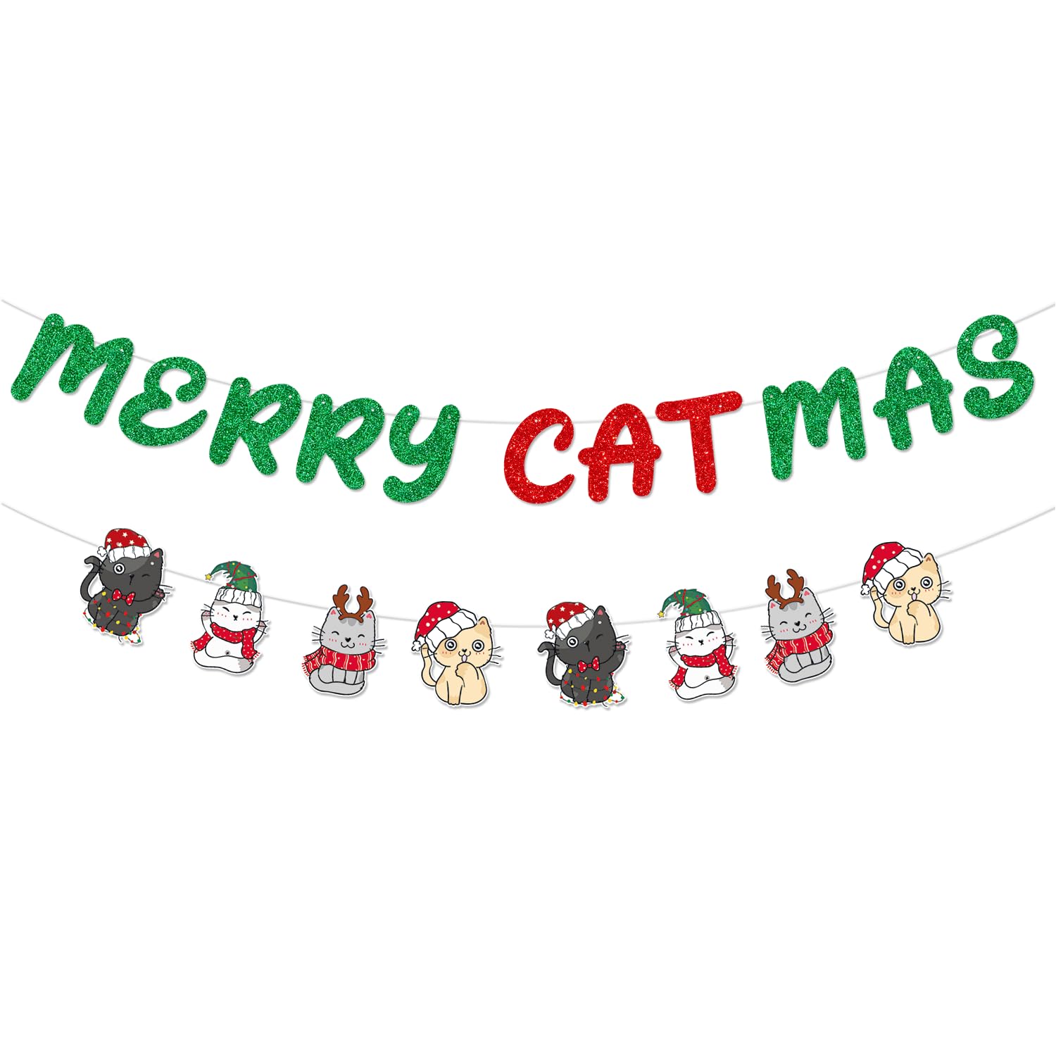 Glittery Merry Catmas Banner With Christmas Cat Patterns Green Red Meowy Christmas Fireplace Wall Garland Cat Themed Merry Xmas Holiday Party Decorations